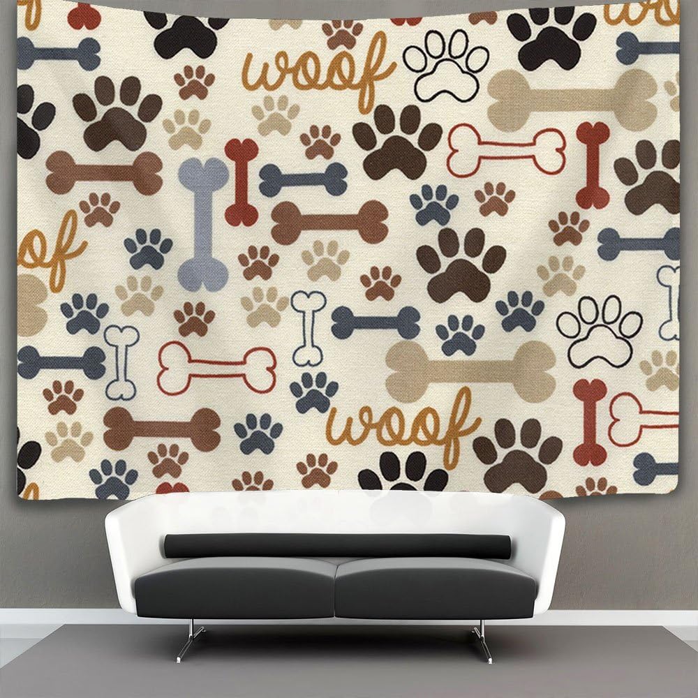 AMERICAN TANG Dog Bones Paw Prints Cream Wall Tapestry Hippie Art Tapestry Wall Hanging Home Decor Extra large tablecloths 60x70 inches For Bedroom Living Room Dorm Room