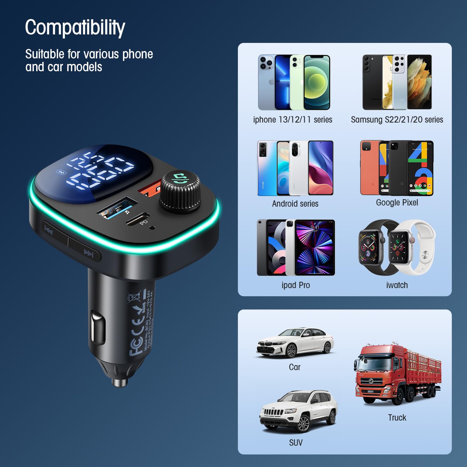 Hoppac Trasmettitore Bluetooth 5.3 Per Auto, PD 30W & QC 3.0 Adattatore Bluetooth Auto Per La Ricarica Rapida, Display LED,Per Ascoltare Musica e Telefonare in Vivavoce