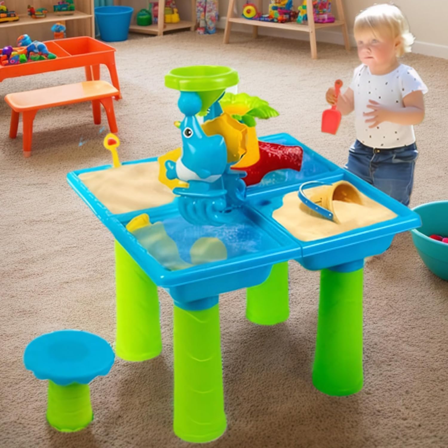 Children's Water Table with 9 Moulds for Toys, Sensory Play Table Outdoor Beach for Children Summer/17 x 17 x 22 Inches