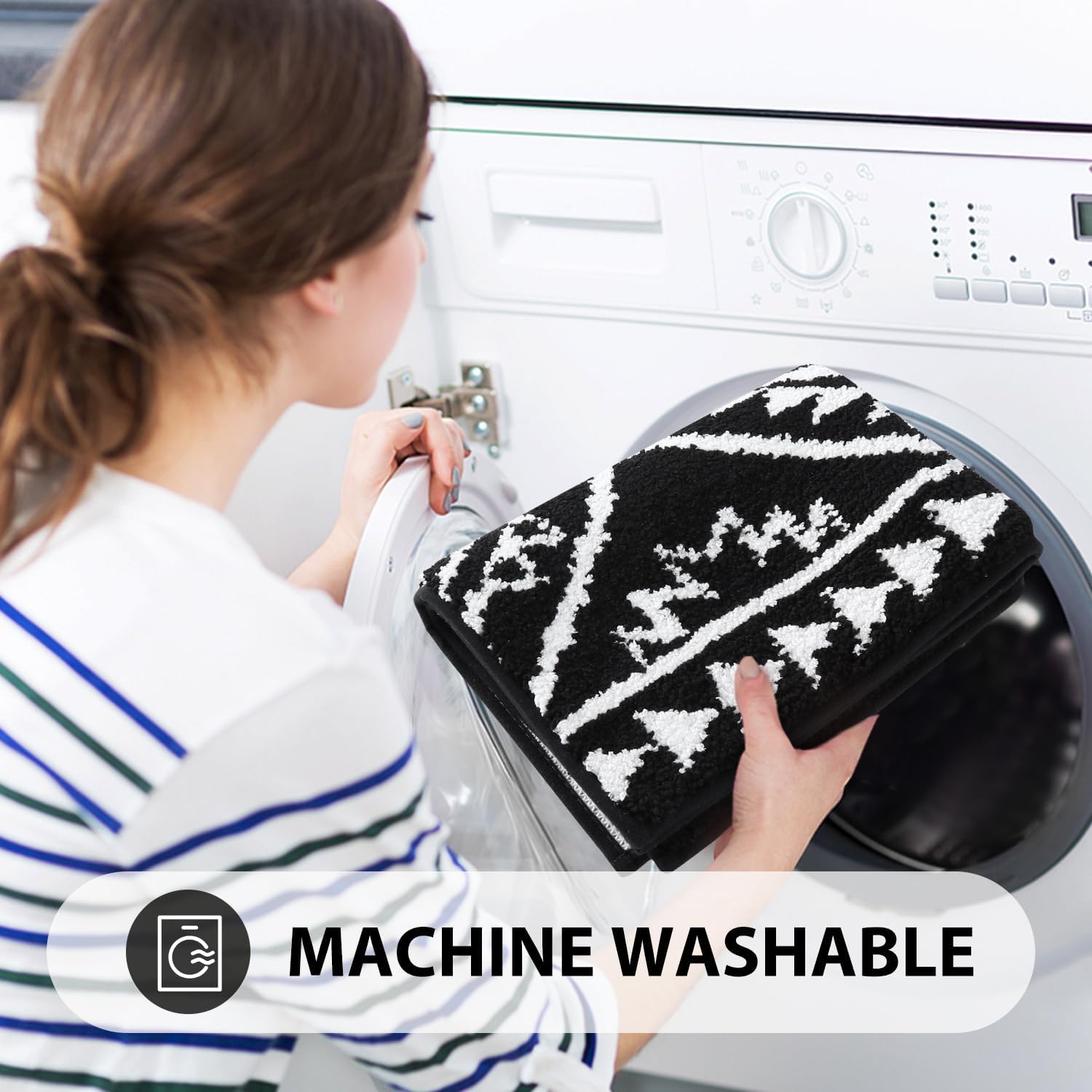 Uphome Black Bathroom Rug Boho Shaggy Soft Bath Rug Western Non-Slip Machine Washable Bathroom Mat Absorbent Geometric Rustic Tribal Shower Rug for Toilet Tub Vanity, 20x32 inch - Image 5