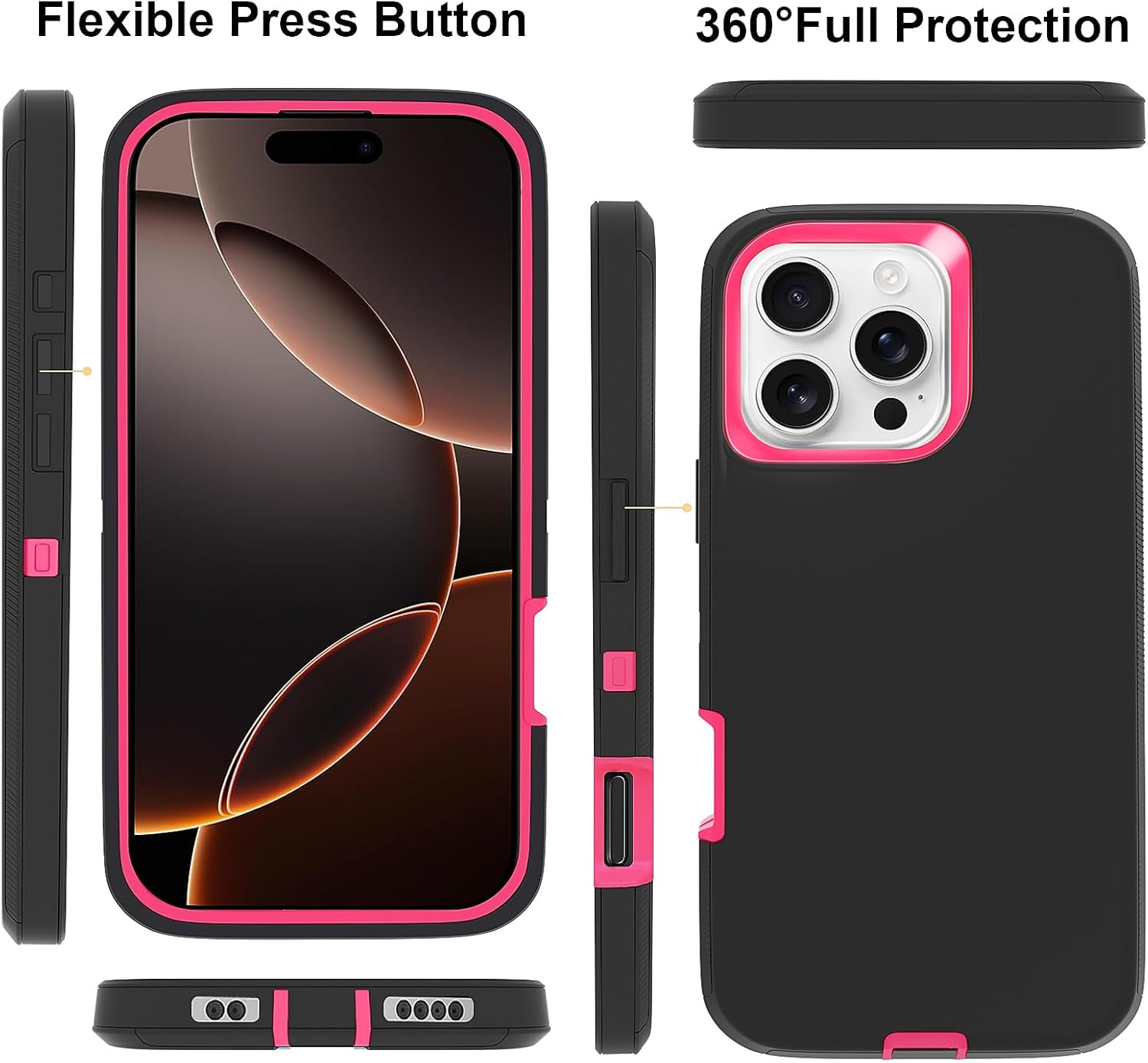 Gase for iPhone 16 Pro Max Case 6.9" with 2 Screen Protector + 2 Camera Lens Protector, Full Body Heavy Duty Military Grade Cover, Shockproof/Drop Proof Protection Phone Case (Black Hot Pink) - Image 3