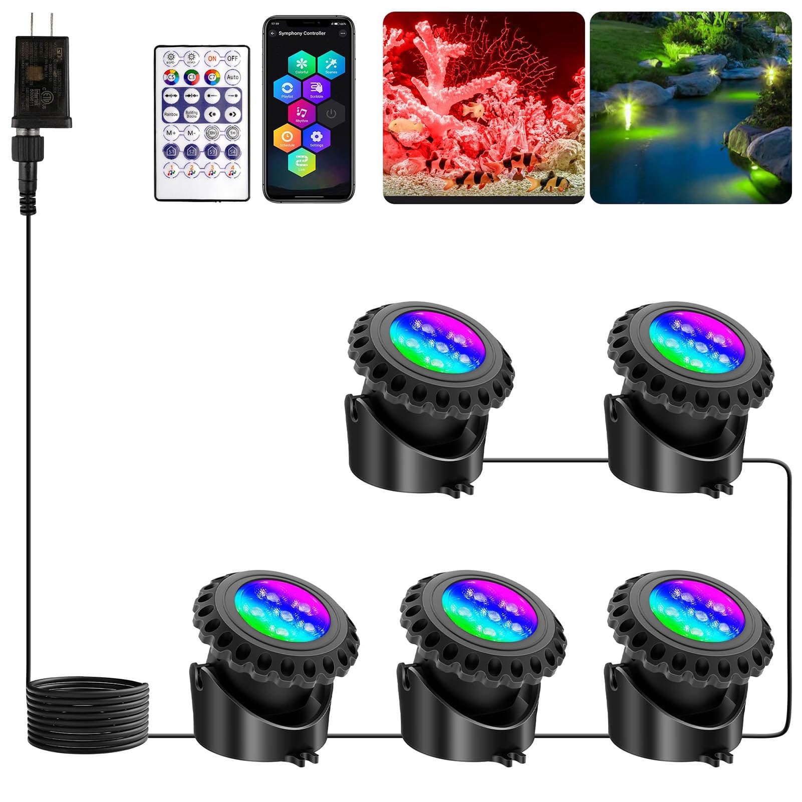 Luces RGB For Estanque Con Temporizador, Luces LED Subacuáticas Regulables For Fuente, IP68 A Prueba De Agua For Exteriores, Paisajes, Peceras, Estanques, Fuentes, Cascadas, Jardines Y Césped, 5 Luces