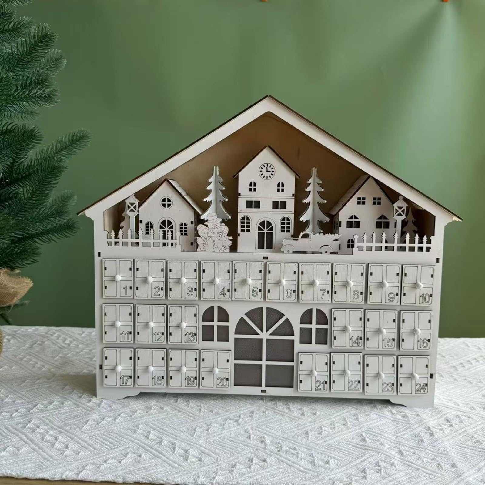 Holz LED beleuchteter Adventskalender, Weihnachten Adventskalender, mit LED-Lichtern und 24 Schubladen, Holzdeko