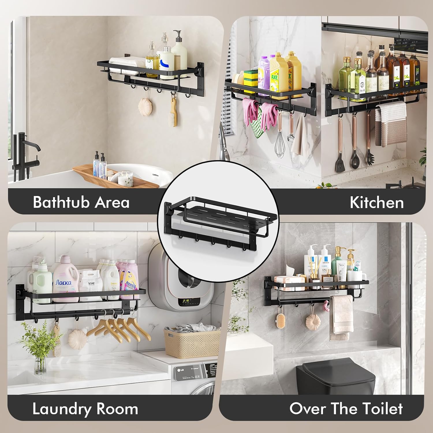 Rust-Proof Floating Shelves Organizer With Foldable Towel Bar 5 Towel Hooks Wall Mounted Organizer 23-Inch Towel Racks For Bathroom Lavatory Kitchen Rv Home Decor, Matte Black