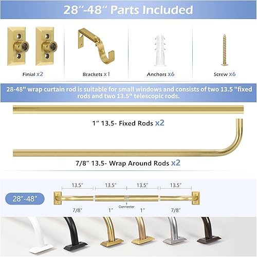 Miniatura 8 de Barras de Cortina Envolventes Doradas de 28 a 48 Pulgadas Barra de Cortina de Ventana Ajustable de Servicio Pesado Opaca para Oscurecimiento de