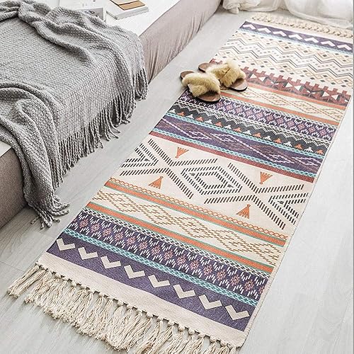 Poowe Alfombra de algodón tejida con borlas  Alfombra marroquí de trapo Chindic  Alfombra decorativa con forma de color  para entrada, baño,