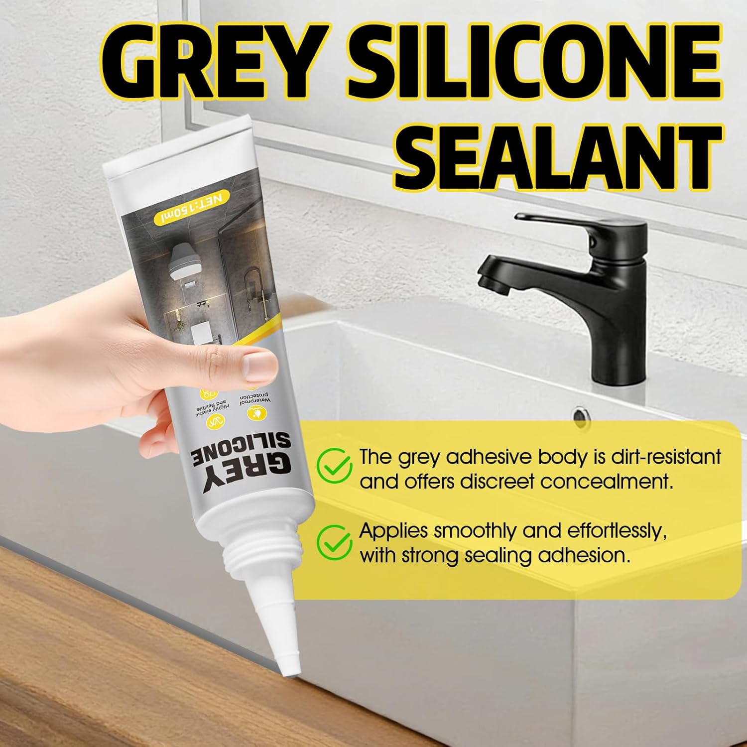 5.07 Oz Gray Caulk, Grey Caulking Waterproof, Gray Silicone Caulk with Scraper and Sticker, Fast-Curing, Non-Sticky, Adheres Firmly to Surfaces Such as Glass, Metal, Ceramics and Plastics