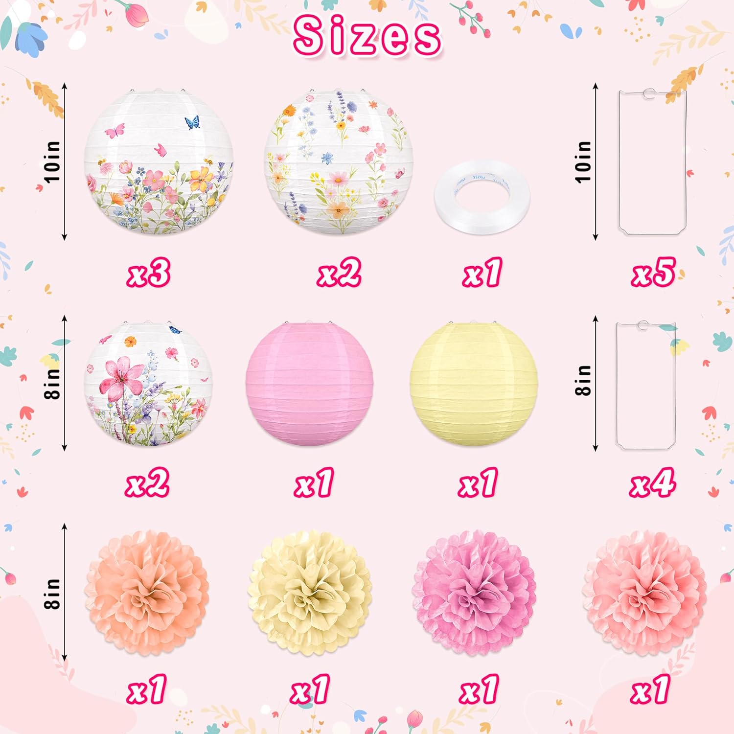 Renbuzhu 13PCS Spring Wildflower Party Decorations Hanging Paper Lanterns Pom Poms for Baby in Bloom Baby Shower Tea Party Garden Home Indoor Outdoor