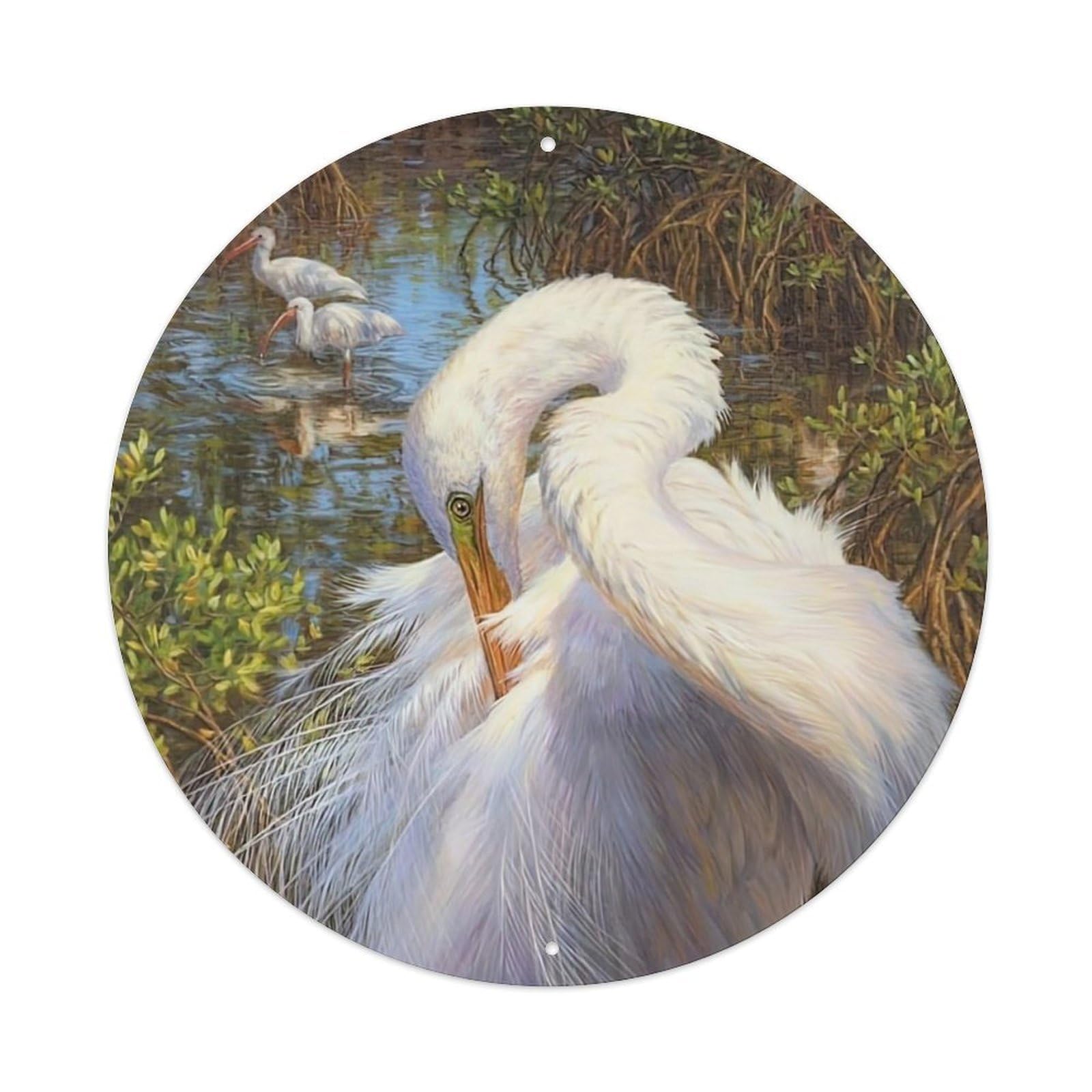 Animal Artwork Egret in The River Vintage Metal Tin Sign Plaque Wall Decor for Cafe, Club Bar, Office, Garden Metal Poster 8x8Inch