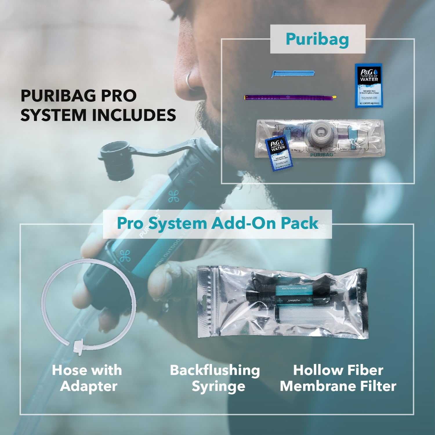 Puribag Pro System Gravity Water Filter - Portable 4-in-1 Backpacking, Camping & Emergency Water Filtration System - Hangs Anywhere