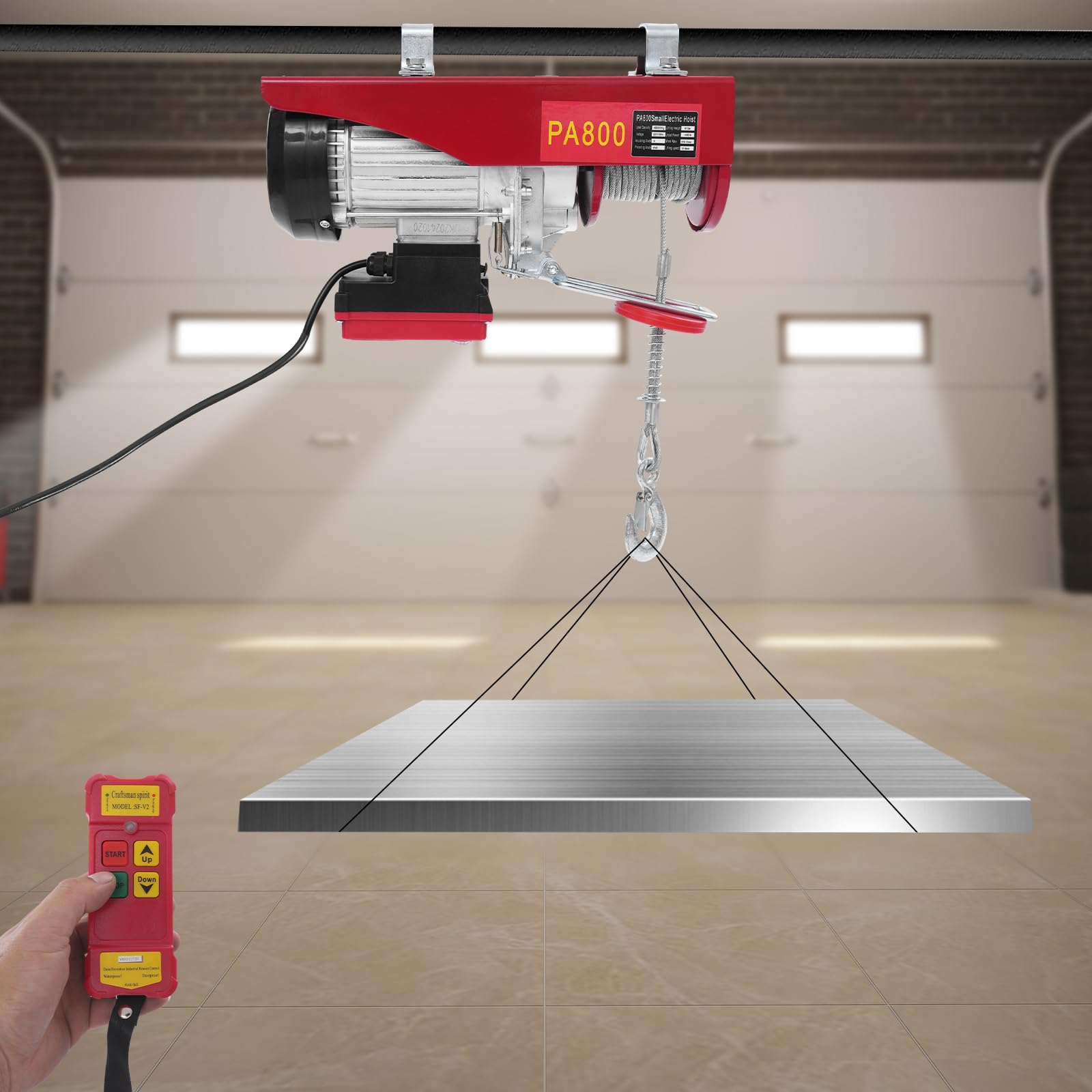 Elektrische Seilwinde 400kg bis 800kg Hubhöhe 12m,1600W Seilhebezug mit Not-Ausschalter,10m/min Hubgeschwindigkeit,Seilzug Elektrisch mit Kabelloser Fernbedienung,Hebezeuge Kettenzug (800kg)