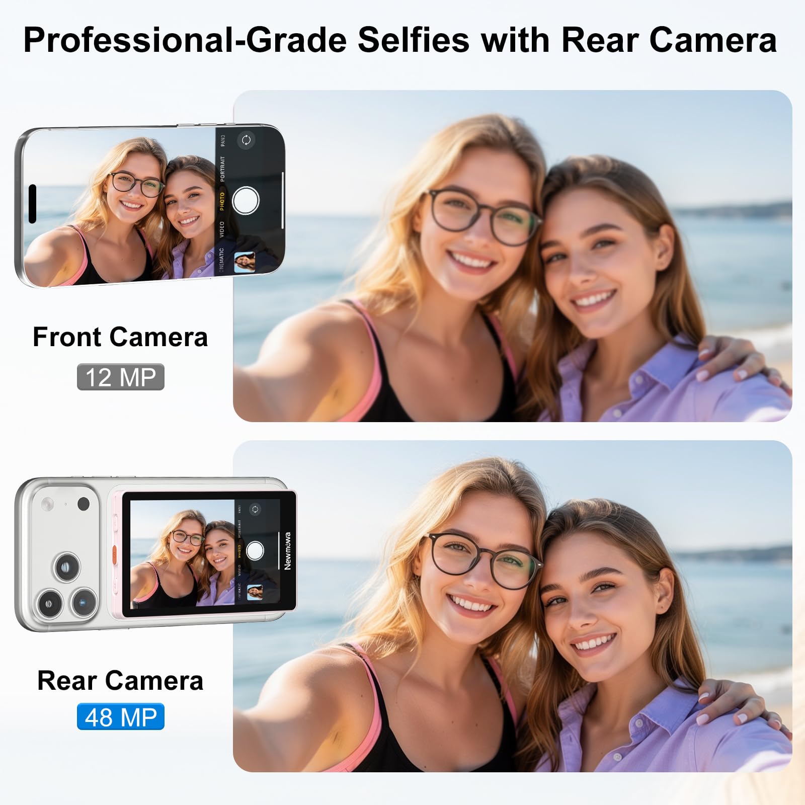 Newmowa Écran Selfie Vlog Magnétique pour iPhone,4K 30fps Connexion Filaire | Enregistrement sans fil 1080p, Caméra Arrière de Téléphone pour Selfies Vlogs TikTok Livestreams, Rose