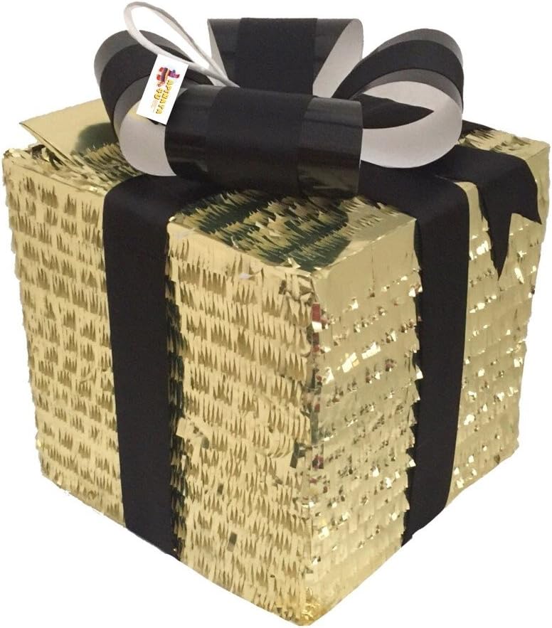 APINATA4U Gold Gift Box Pinata with Black Bow / Gender Reveal Pinata