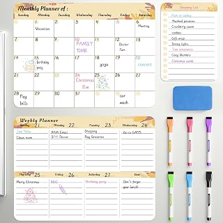 Marsrock Dry Erase Magnetic Calendar for Refrigerator (3 Pack) - Monthly & Weekly & Daily Planner Magnet Whiteboard for Fridge - Shopping, to Do List, Meal/Menu, Planning Board, 14"x11", Yellow