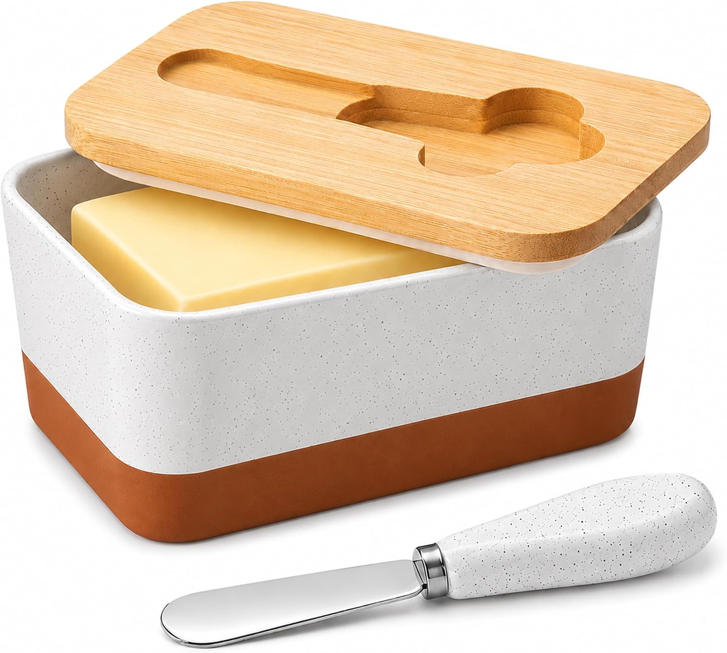 MALACASA Butter Dish with Lid, Large Butter Dish for Countertop, Ceramic Butter Keeper Container with Knife and Bamboo Lid, White, Series TARA
