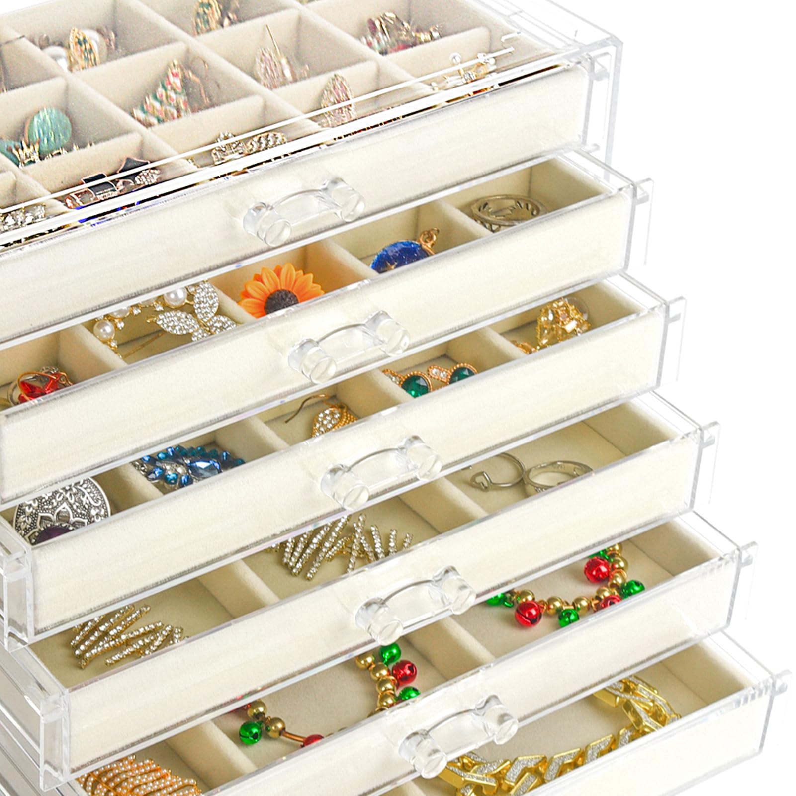 Watpot Acryl-Schmuckschatulle mit 6 Schubladen, transparente Ohrring-Aufbewahrungsbox, Vitrine für Damen und Mädchen, Beige