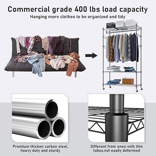 Vista 4 de Perchero de ropa resistente, perchero ajustable con estantes, armario independiente, 1 barra para colgar ropa, 3 estantes de alambre cansados, 4