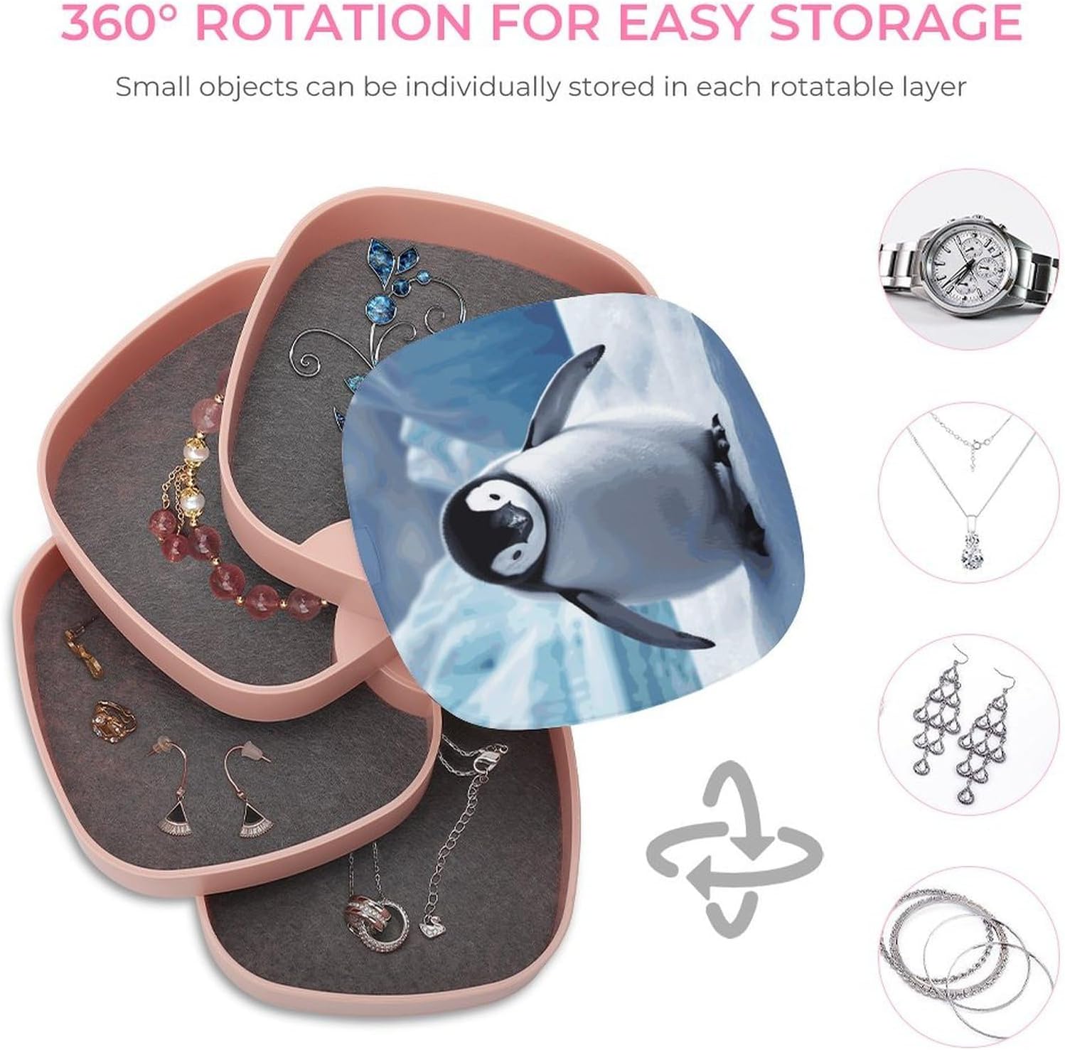 Cute Penguins Baby Taking Rotating Jewelry Box Large Capacity, Jewelry Organizer 4-Layer, Jewelry Storage Box with Mirror, Accessories Holder for Bracelets Rings Bracelets image 4