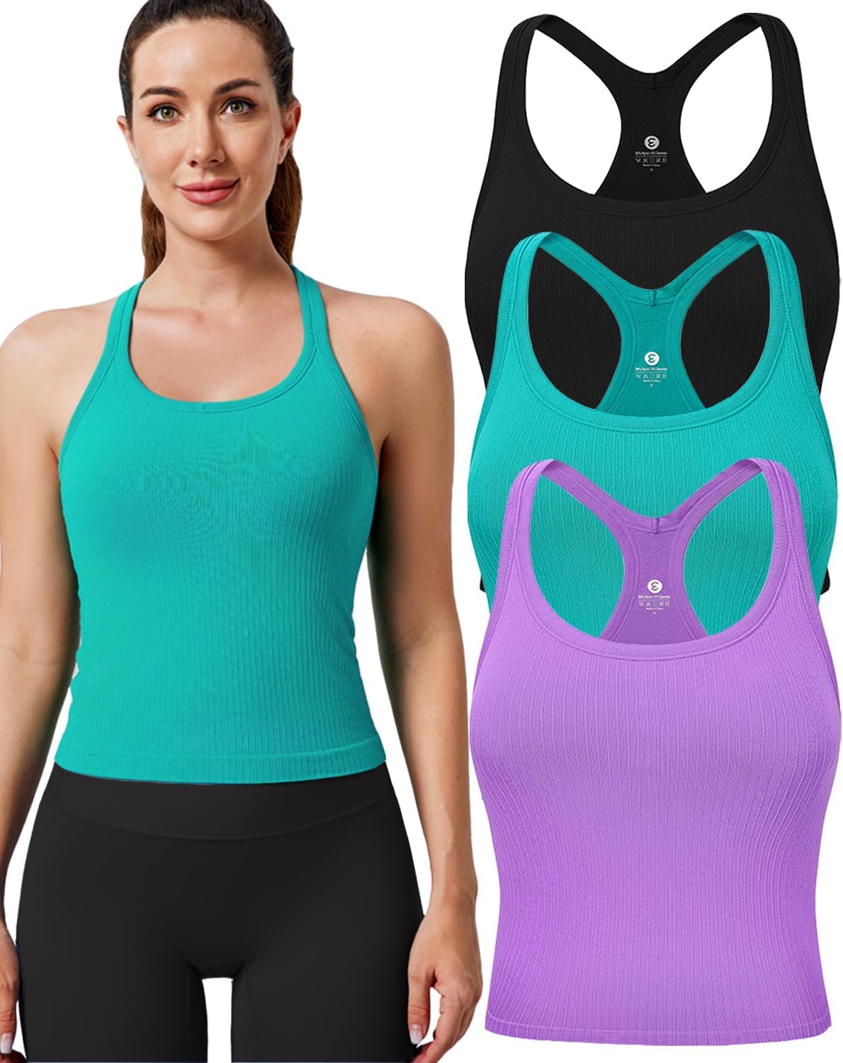 Evercute Women's 1/2/3 Pack Ribbed Workout Tank Tops with Built in Bra Racerback Seamless Crop Tank Tops Camisole Sport Tanks