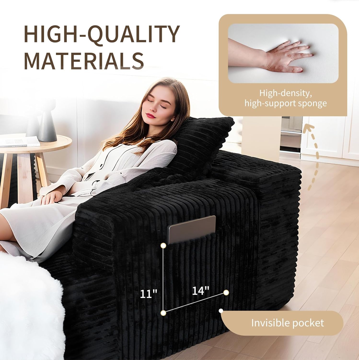 106'' Cloud Sectional Couch with L-Shape Chaise, Boneless Corduroy Sofa with Deep Seat, Modern Modular Couch for Living Room, No Assembly Required, Black Corduroy Fabric (Left Facing Chaise)