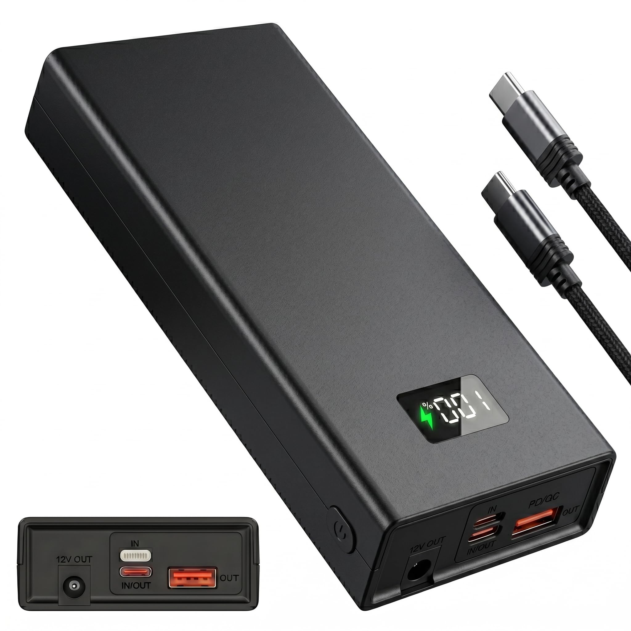 Power Bank 20000mAh con Uscita DC 12V 3A, Batteria Esterna Ricarica Rapida PD QC 74W, USB-C e USB-A, Display LED Digitale, for Notebook, MacBook, Router WiFi, Smartphone, Tablet, Giacca Riscaldata