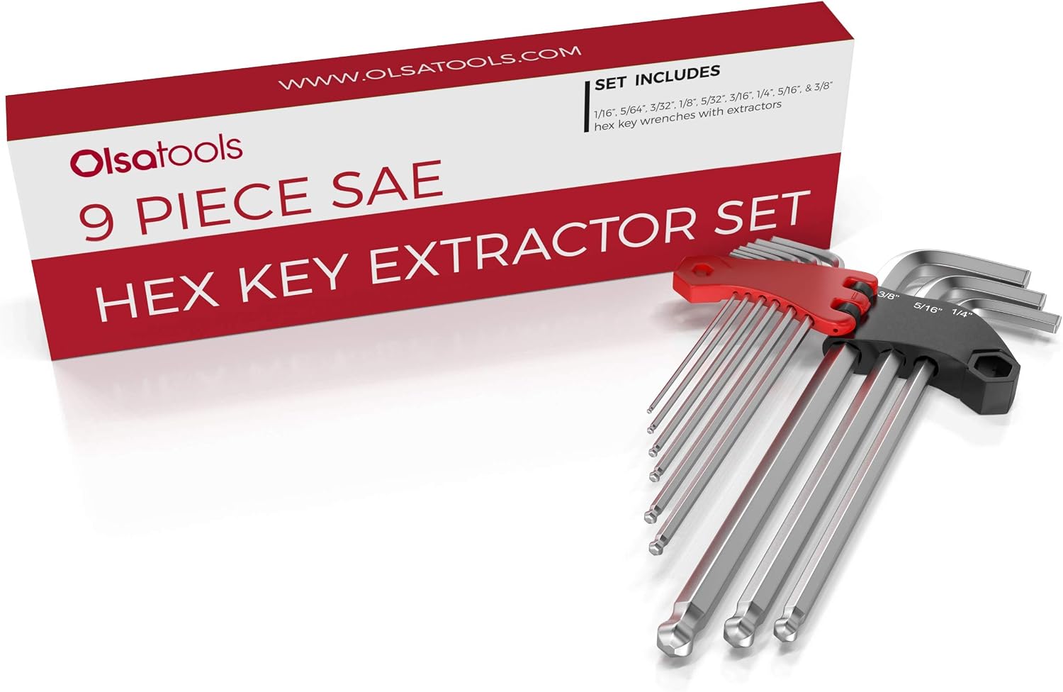 Olsa Tools Professional Grade Extractor Hex Key Set (SAE) | Allen Wrench Set | Imperial Inches Metric Steel Ball End 9 Piece Kit with Patented Extractor Design | Folding Storage Case