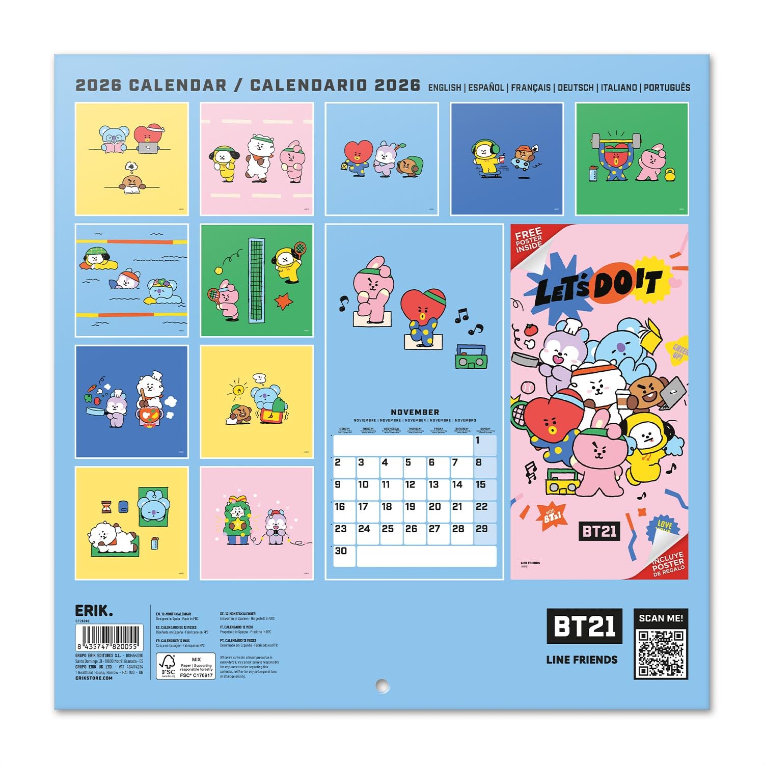 Grupo Erik Wall Calendar 2026 - BT21 Calendar 2026 | Square 30 x 30 cm - 12 x 12 inches Wall Planner, Family Planner Month To View | Kawaii Gifts, Kawaii Stuff, BT21 Gifts For Friends