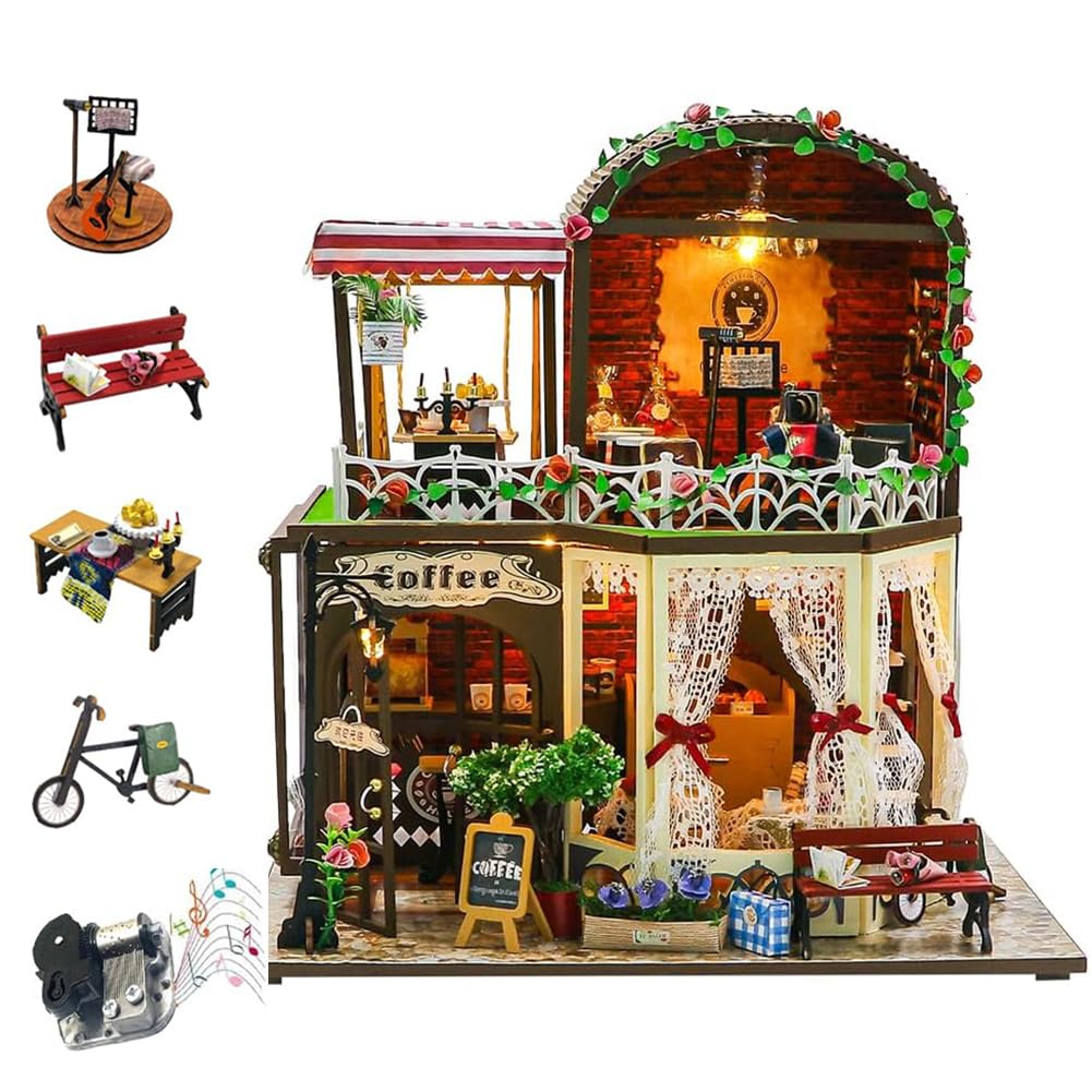 Kit de casa en miniatura DIY con música, cafetería casa de muñecas de madera, habitación creativa regalo de cumpleaños adolescente