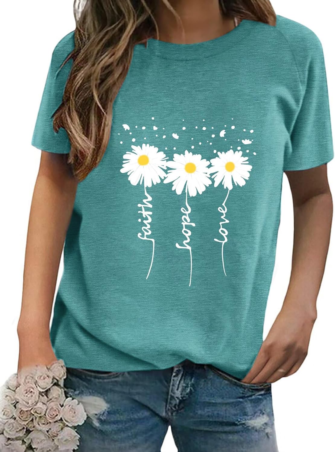 EADINVE Women Crewneck Daisy Print Short Sleeve T-Shirts Summer Faith-Hope-Love Tees Loose Fit Graphic Tops 2026