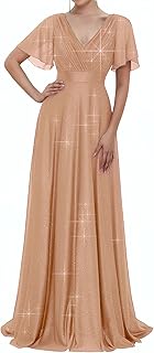 Women's Evening Gowns V Neck Ruched Short Sleeves A-line Glitter Formal Dresses