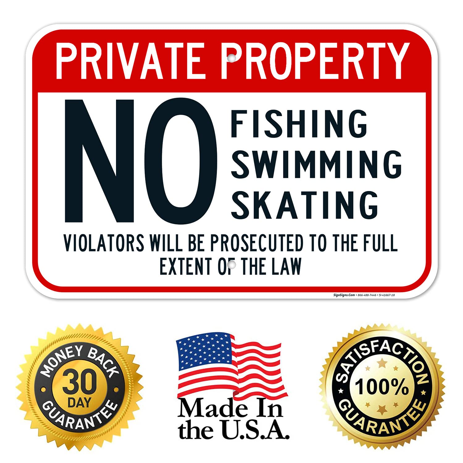 Private Property, No Fishing Swimming Skating Sign, 12x18 Inches, Rust Free .063 Aluminum, Fade Resistant, Made in USA