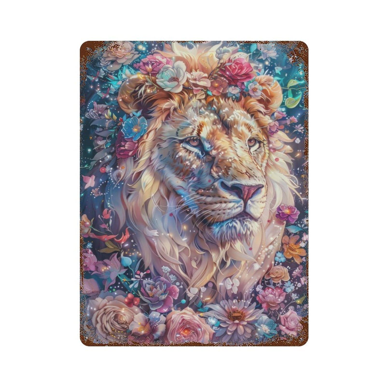 Vintage Rust Metal Sign Lion in Floral Majesty 15.7"x11.8", Shabby Chic Decor for Cafe, Home Bar And Lounge Decor
