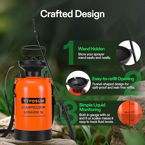 Miniatura 37 de Pulverizador de mano VIVOSUN para jardines y césped de 0,8 – 2,0 galones con válvula de seguridad de presión y correa de hombro graduable Naranja