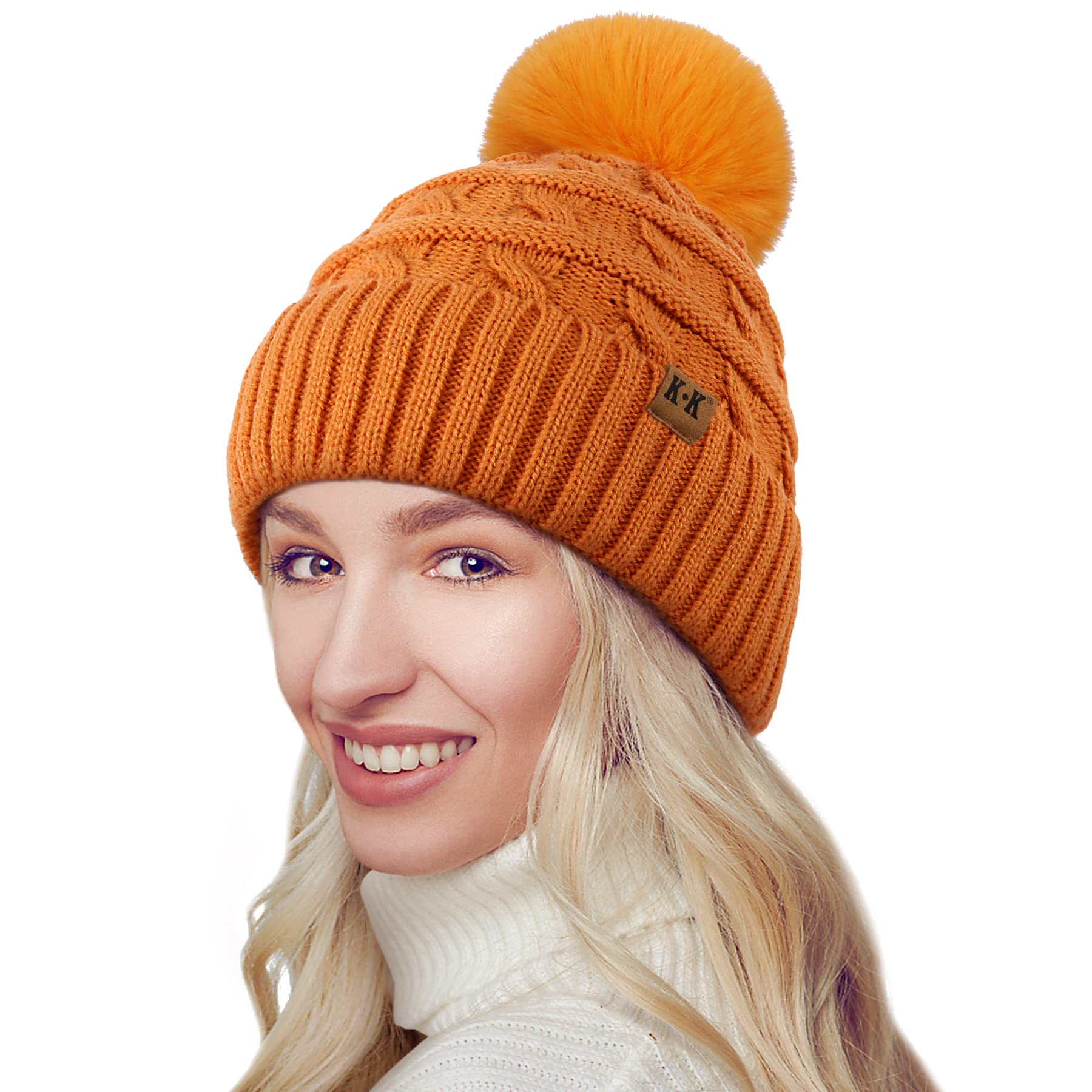 Bobble Hat Women Fleece Lined Beanie Hats Thermal Knitted Wooly