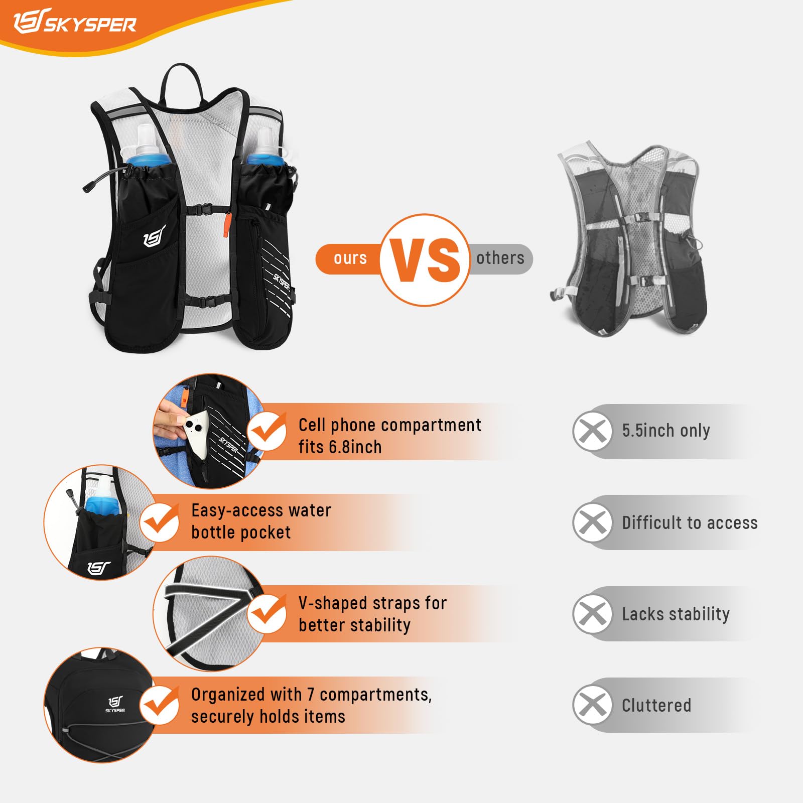 SKYSPER Chaleco de Hidratación Running 12L, Chaleco Ligero con 2 Botellas 500ML y Diseño Reflectante para Trail Maratón y Senderismo