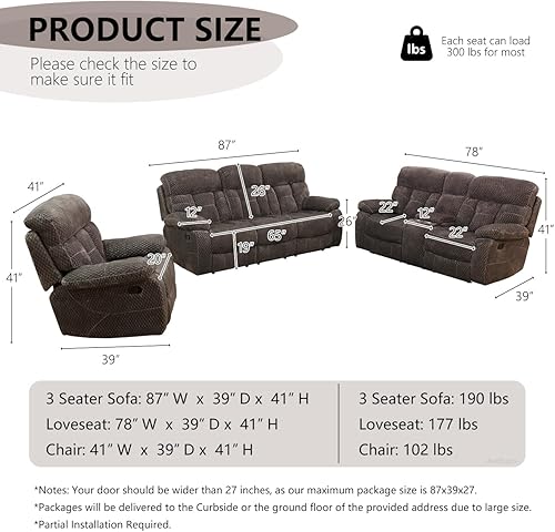 Miniatura 2 de Juego de sofá reclinable de tela, sofás reclinables manuales, cómodo juego de sofá reclinable con portavasos y mesa auxiliar, muebles de sala de