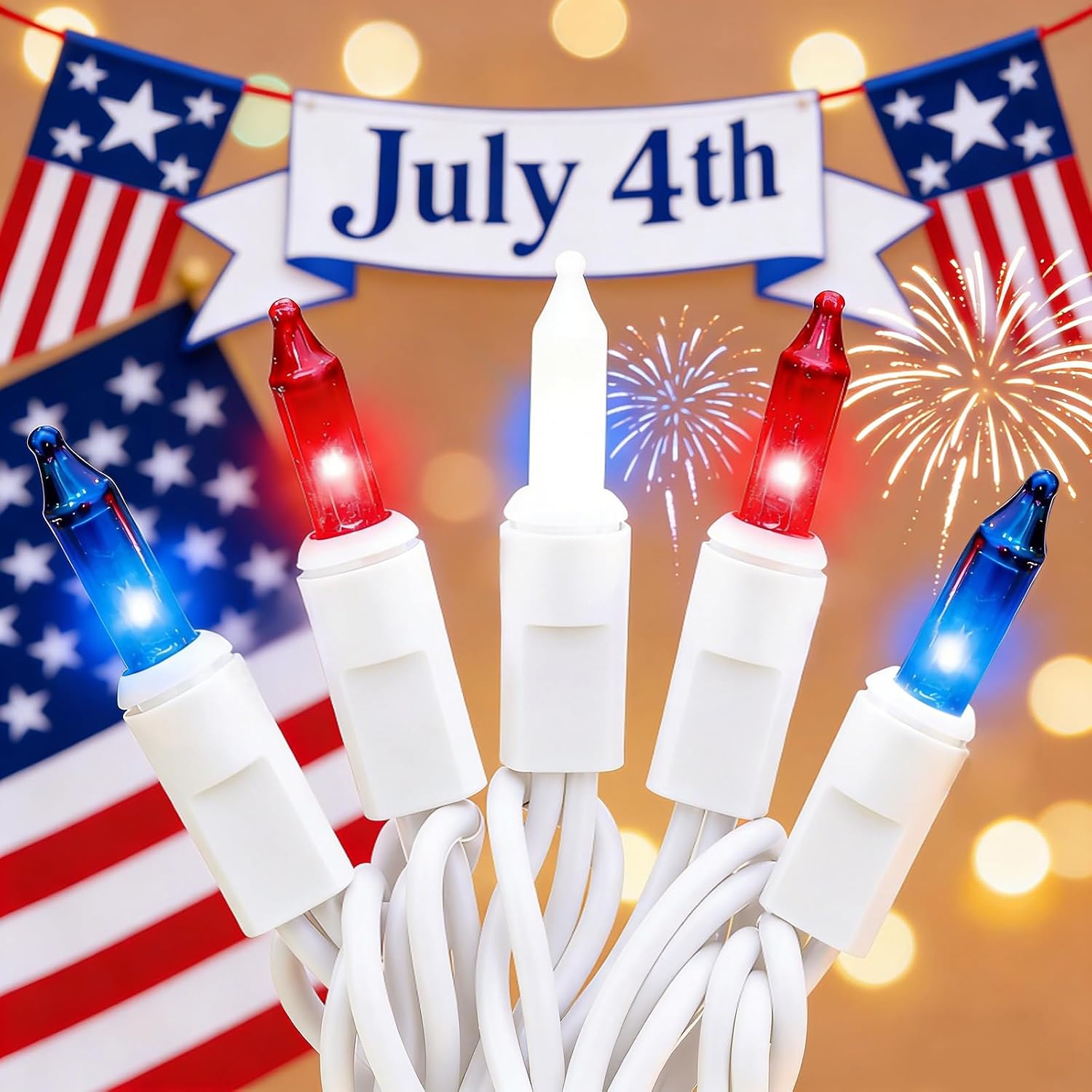 100 Incandescent Patriotic String Lights, White Wire Plug-in Waterproof Classic Bulb Lights with Multi-Modes for 4th of July, Memorial Day, Vintage Decor