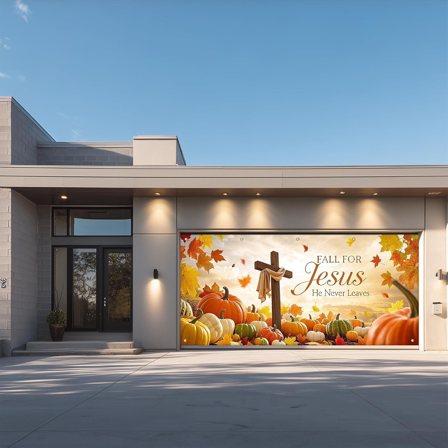 IVN Fall Pumpkin Garage Door Banner 13x6ft Thanksgiving Decor Pumpkin Cross Autumn Leaves Photo Prop Background for Thanksgiving Autumn Yard Outdoor Harvest Scene Display Decor