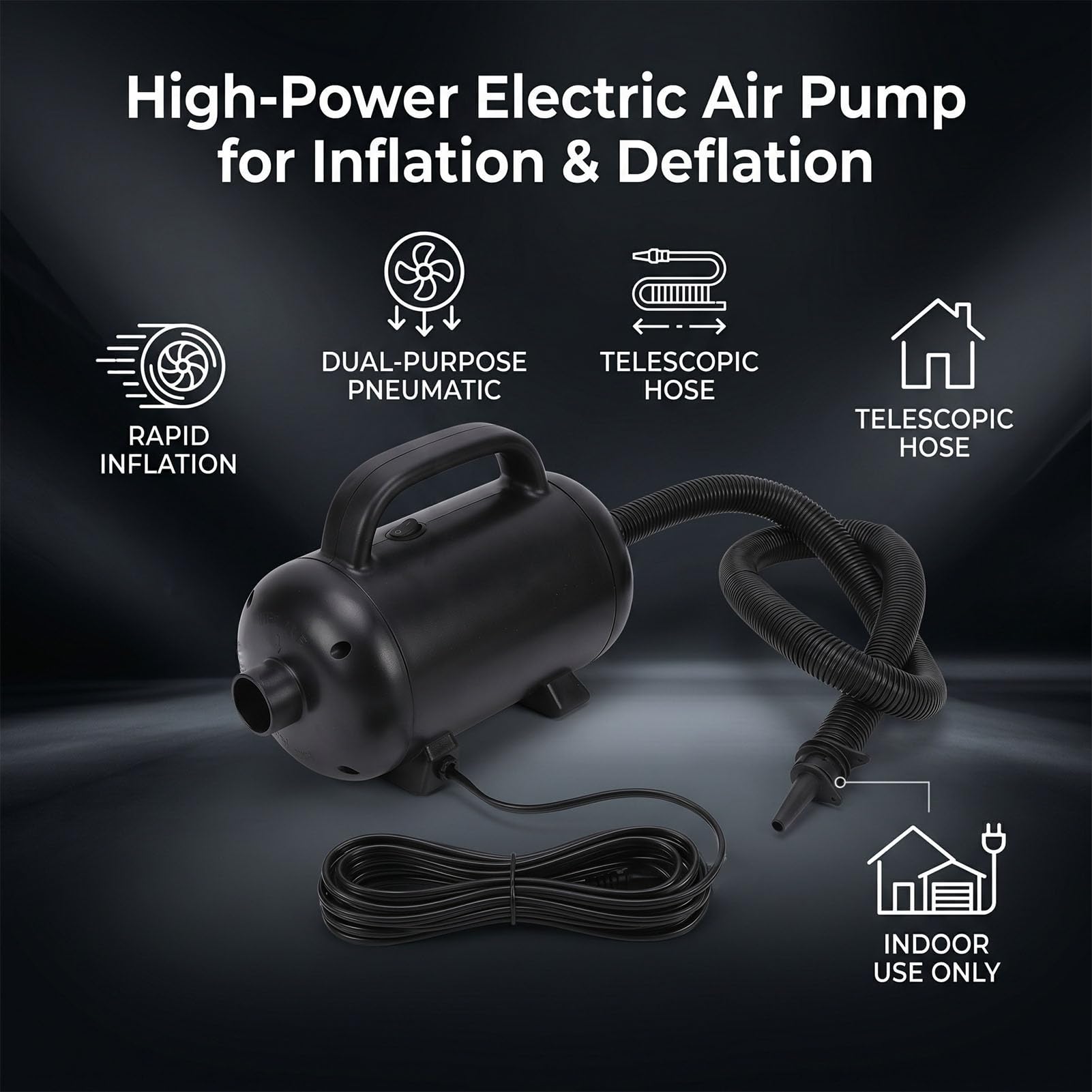 YWBL-WH Elektrische Luftpumpe, 1200 W, 24.000 Pa, 1.300 L/min, Hochleistungs-Inflator-Deflator mit Ausziehbarem Schlauch für Aufblasbare Matratze, Pool, Schwimmboot, Floß