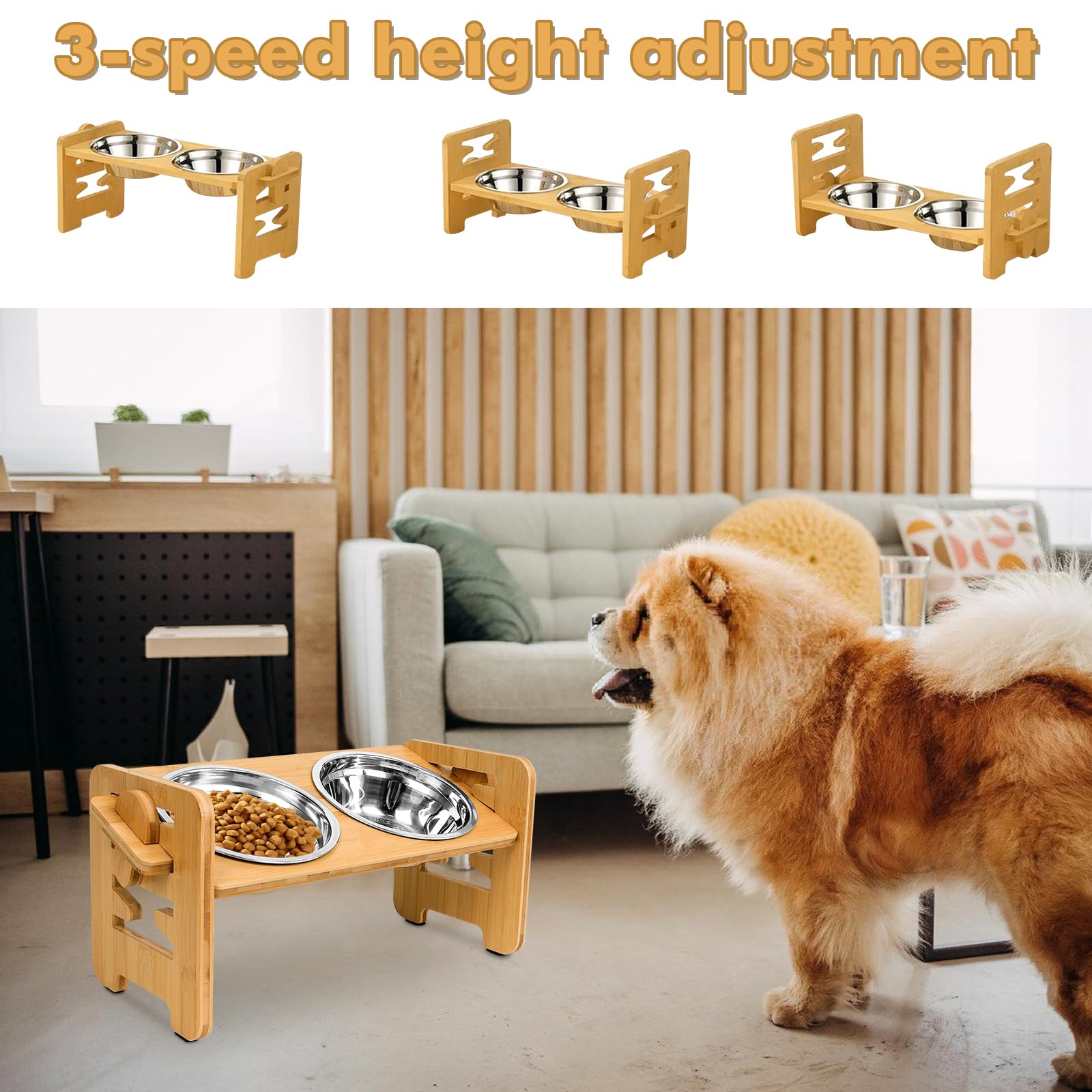 Comedero Perro Elevado para Perros con Altura Ajustable, Comedero para Perro con Soporte Antideslizante y 2 Cuencos de Acero Inoxidable, Regulable para Perros y Gatos