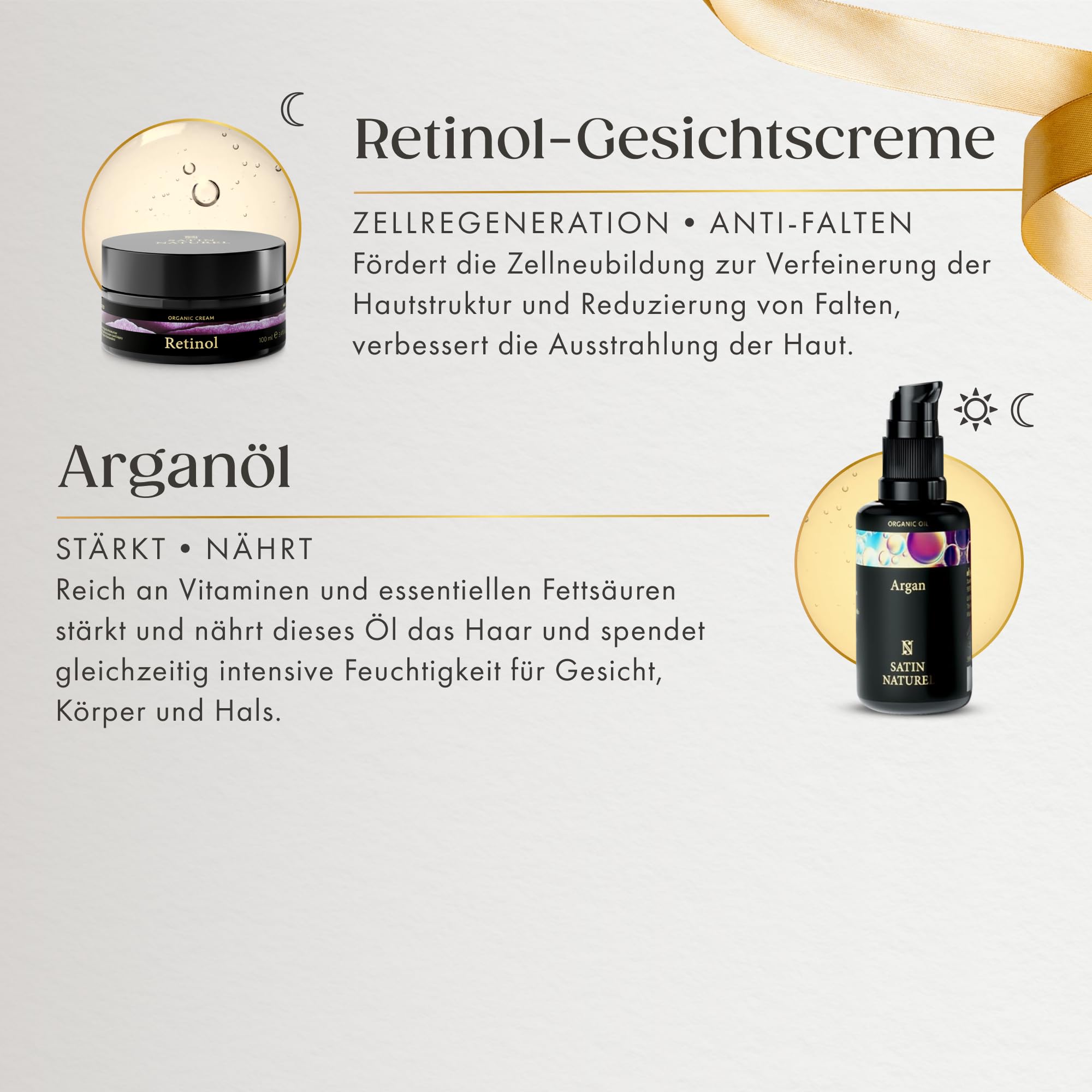 Satin Naturel Geschenkset für Frauen 5x30ml Skincare Routine Aloe Vera Gel Arganöl Vitamin C Serum Hyaluron Serum Retinol Creme Vegan Luxus Geschenkbox Premium Edition