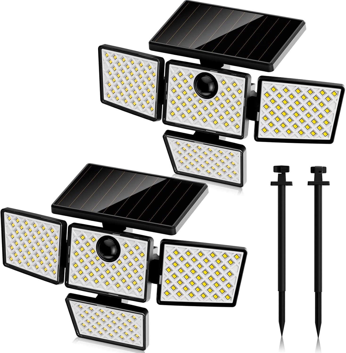 Two K KASONIC Solar Motion Sensor LED Security Lights with ground stakes and mounting hardware.