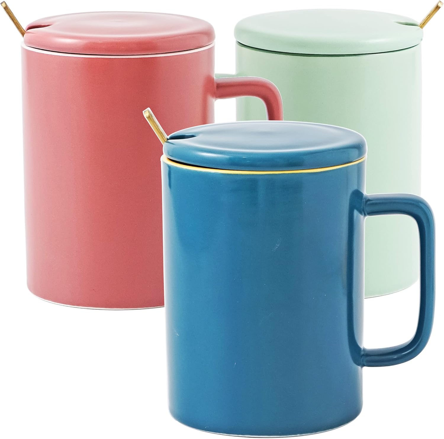 GiftsBuzz 3 Large Mug Set with lid 450ml, Big Ceramic Mug with Lid