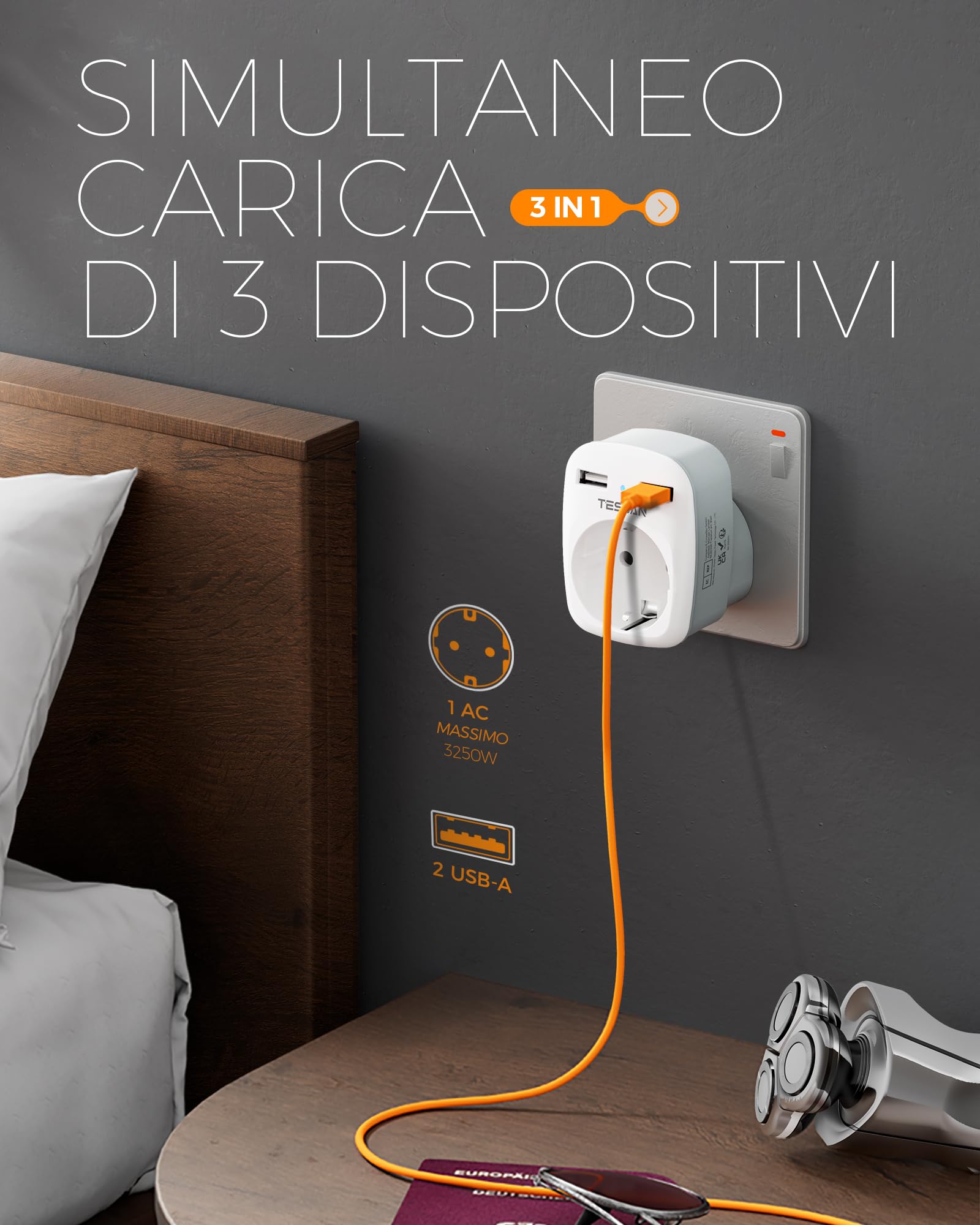 TESSAN Adattatore Presa Inglese, Adattatore Spina Inglese con 2 USB, Adattatore UK per Gran Bretagna, Qatar, Irlanda, Gambia, Adattatore Prese Inglesi 3250W, Adattatore Presa Inglese a Spina Italiana