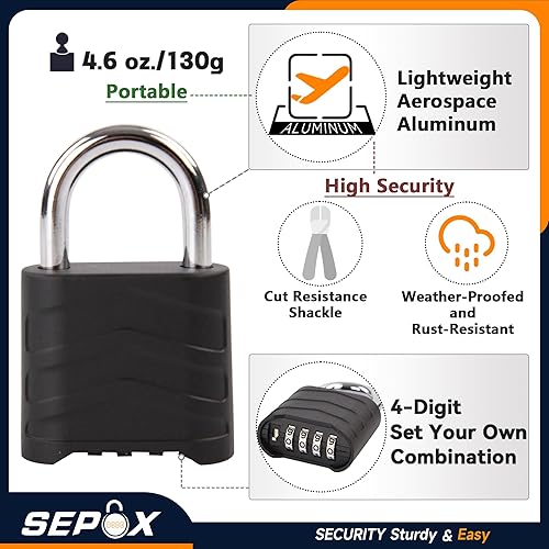 Miniatura 3 de SEPOX 2 candados de combinación grande, para exteriores, 2.2 pulgadas, 2.165 in, resistente a la intemperie, 4 digitales, cuerpo de aluminio de