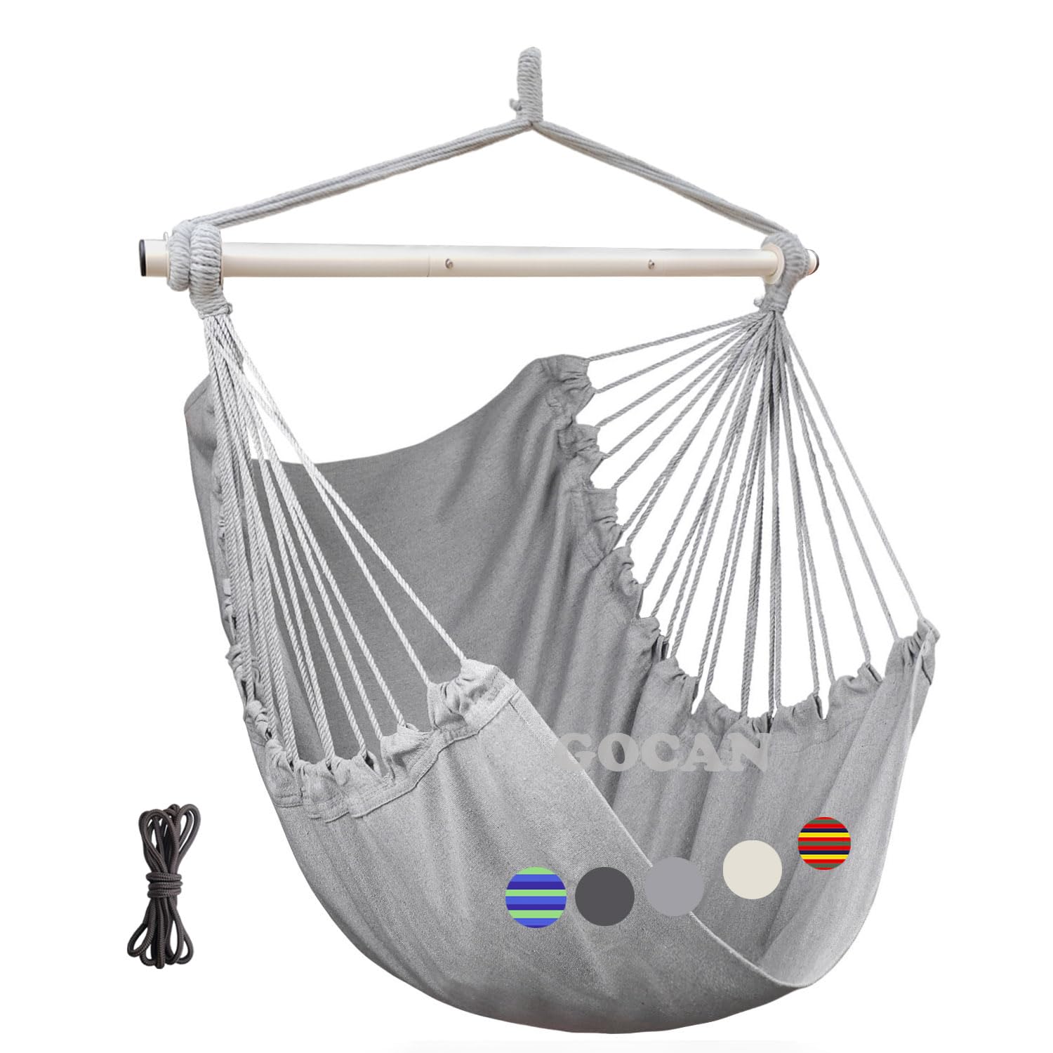GOCAN Hammock Chair Swing - 110 x 150 cm, Load 150 kg, Cotton with Metal Spread Bar, Wide Seat (Grey), Lightgrey, XXX-Large