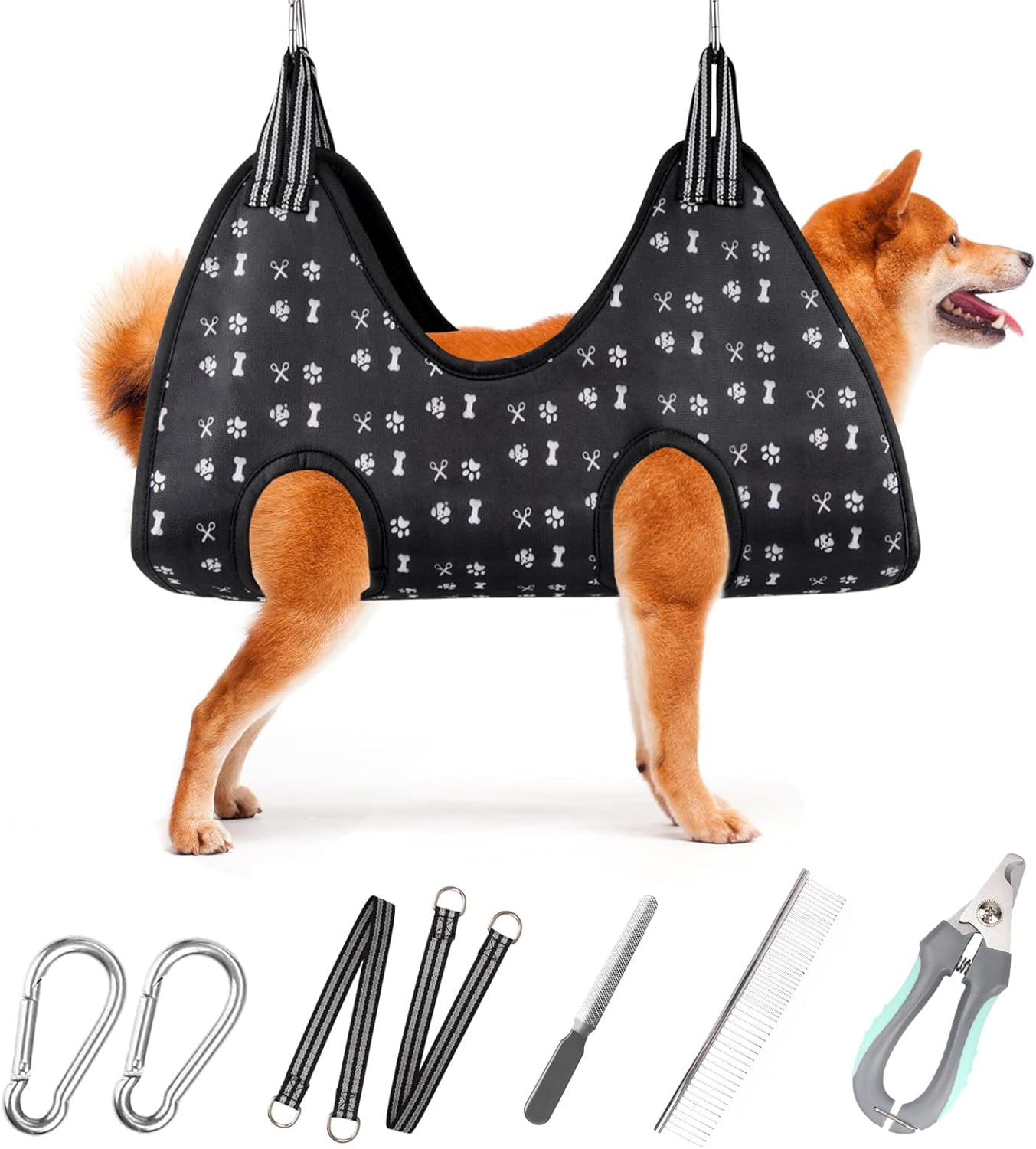 ATESON Pet Dog Grooming Hammock Harness for Nail Trimming (M 40lb), Dog Sling for Cutting Nail, Dog Hanging Holder Hanger for Clipping Nail with Nail Clippers, Nail File, Pet Comb