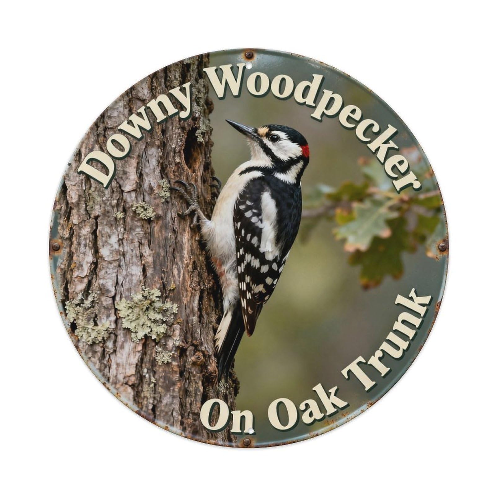 Downy Woodpecker On Oak Trunk Metal Tin Sign Plaque