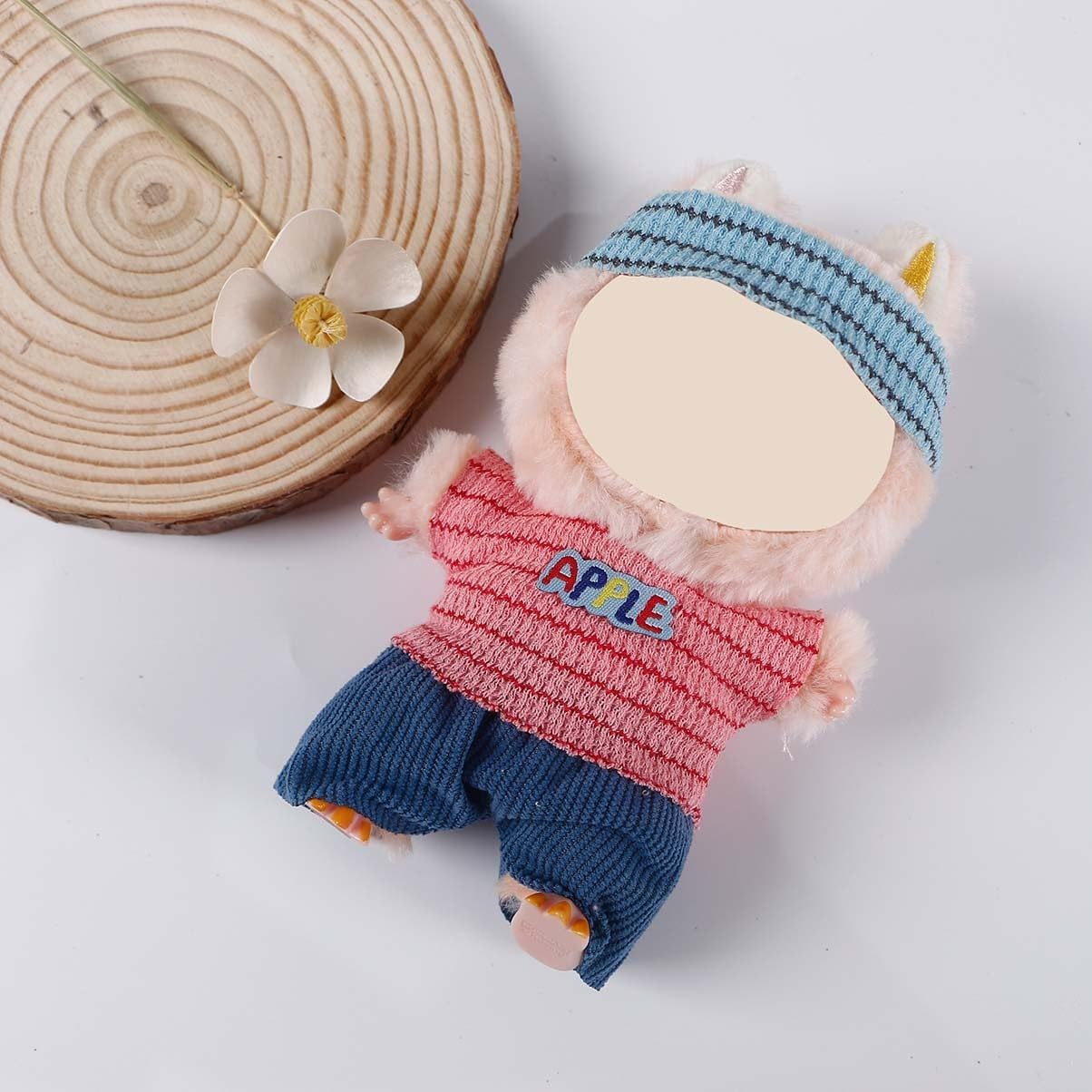 Compatible with Labubu 15cm/17cm (NO Doll Included) - Blue Headband, Pink Striped Top & Blue Pants Set, Doll Outfit Accessories