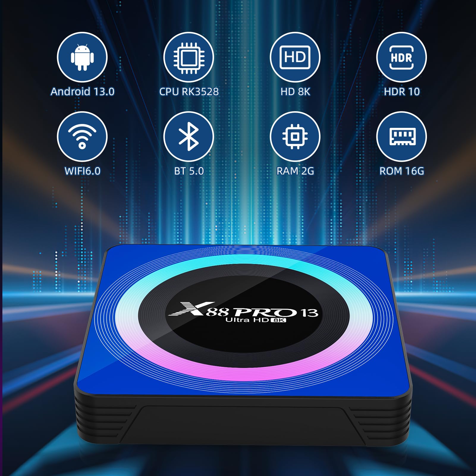 Android TV Box 13.0, X88PRO Android Box 2GB 16GB Quad Core 64bit, supporto BT5.0 2.4G /5G Dual-Band WIFI6 4/6/8K Android TV Box 2024